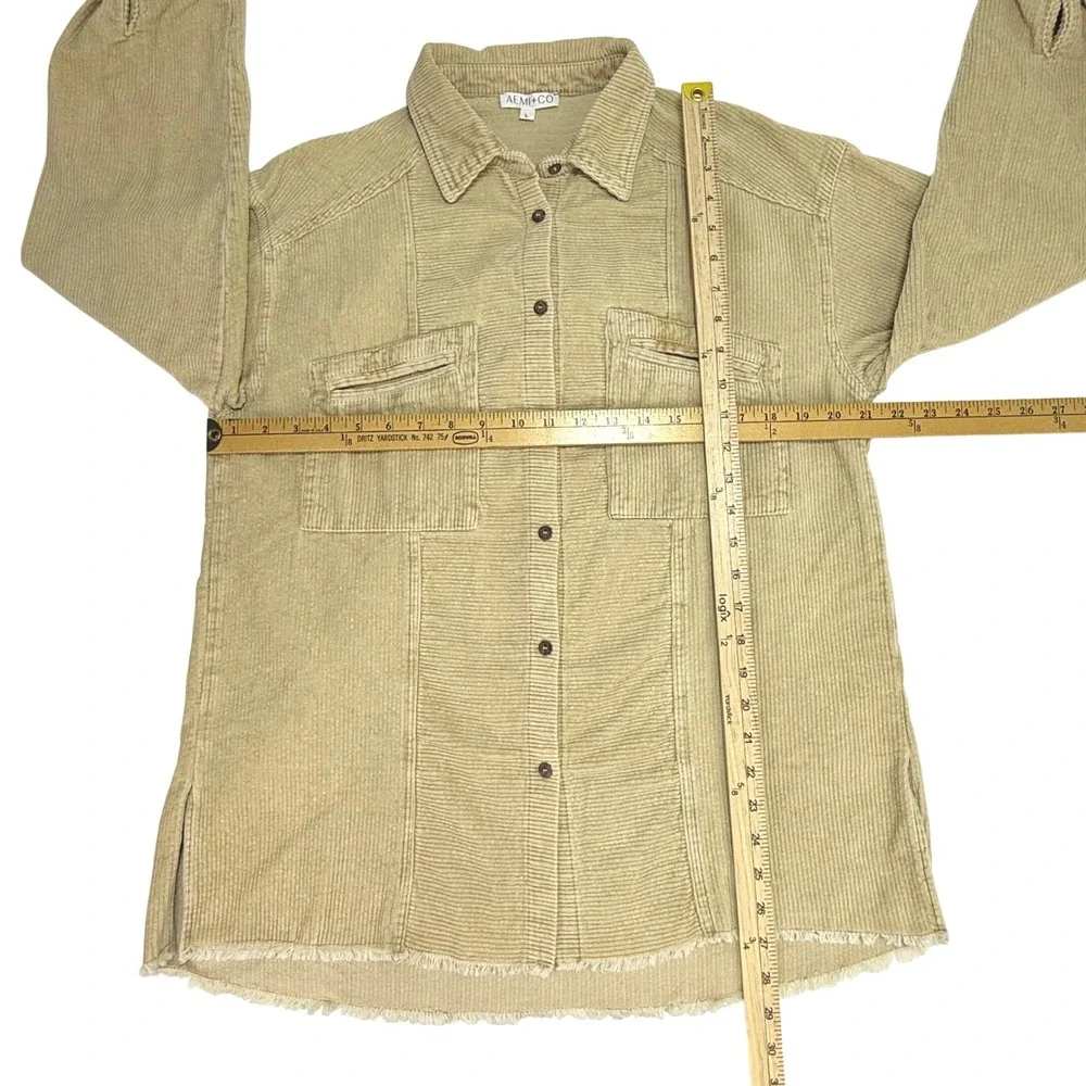 AEMI + CO Size L Sandy Brown Washed Corduroy Heavy Shirt Raw Edge Cotton Casual‎